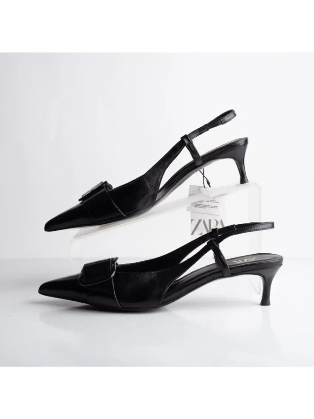 Zara Womens Leather Slingbacks Heels Pumps Black Pointed Toe US 7.5 EU 38 NWB